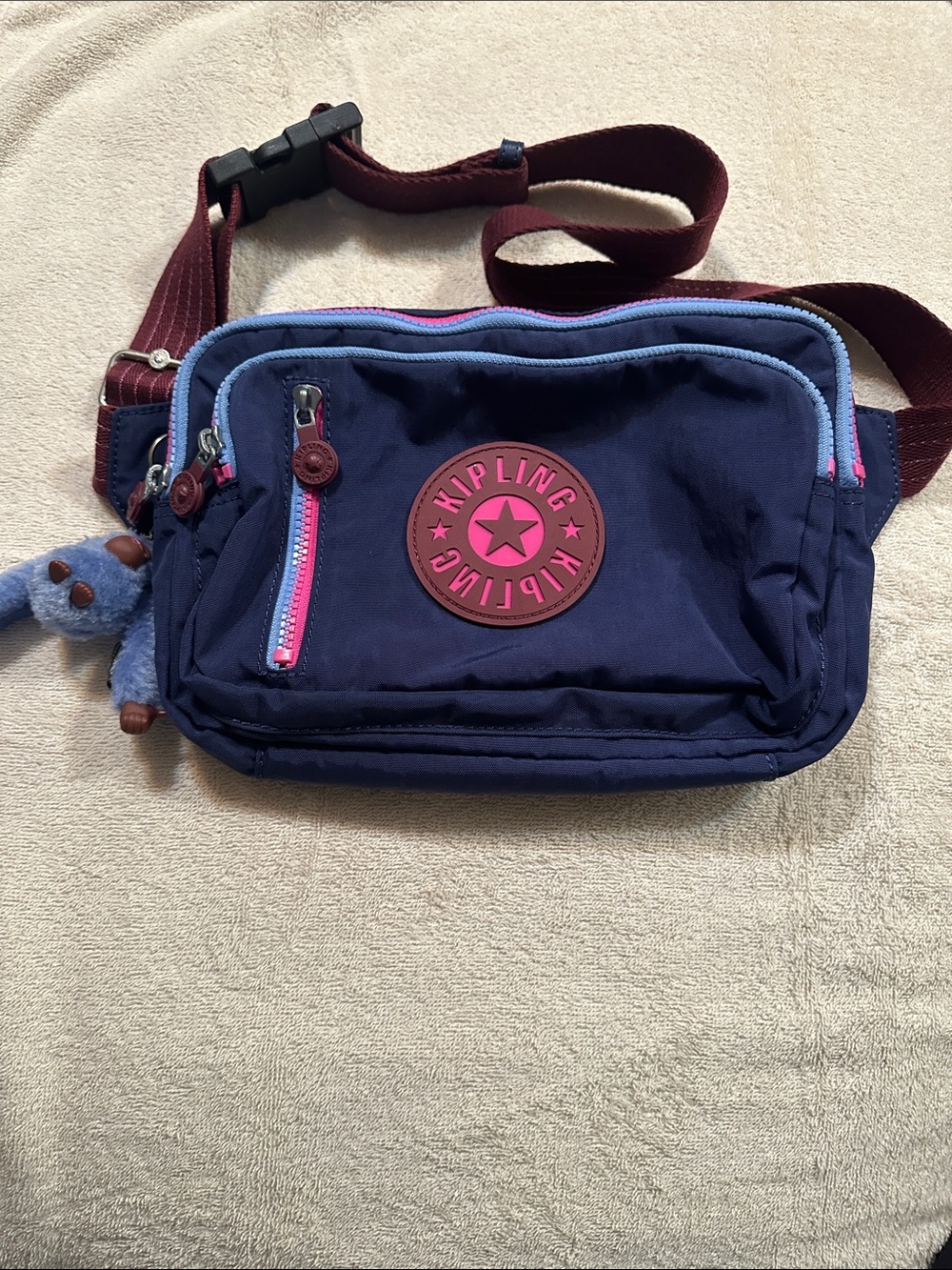 Kipling Navy and Pink Crossbody Bag with Burgundy Strap - Picture 1 of 10